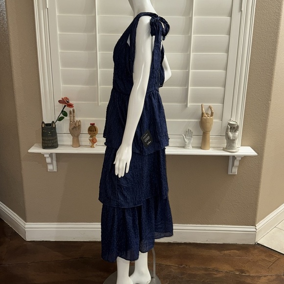 Lulus Blissful Direction Navy Tie-Strap Clip Dot Bustier Midi Dress - Picture 7 of 13